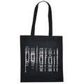 Black tote bag with long handles, featuring an abstract white barcode-style graphic print